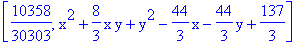 [10358/30303, x^2+8/3*x*y+y^2-44/3*x-44/3*y+137/3]